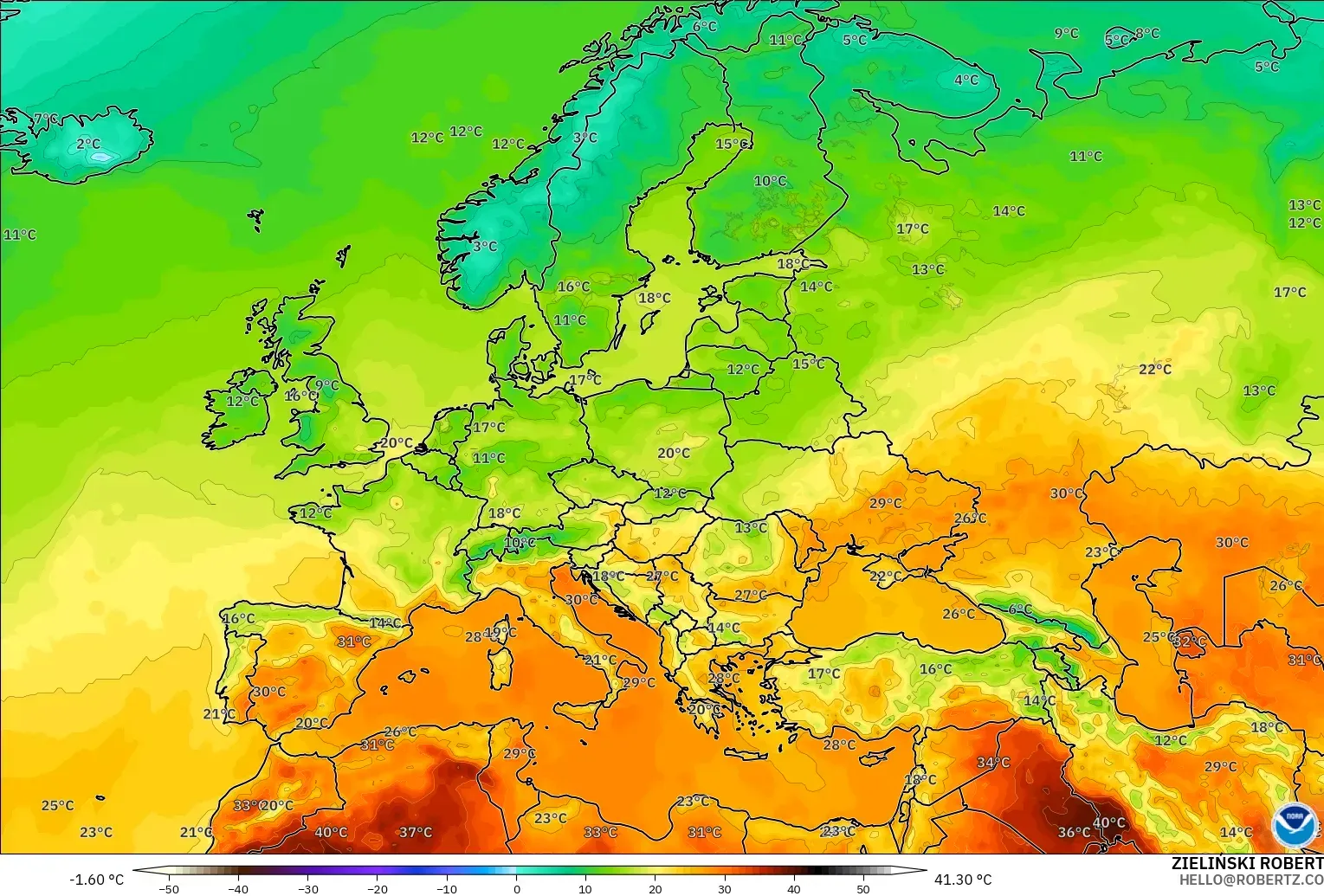 GFS модель - Еуропа, Температура 2 м