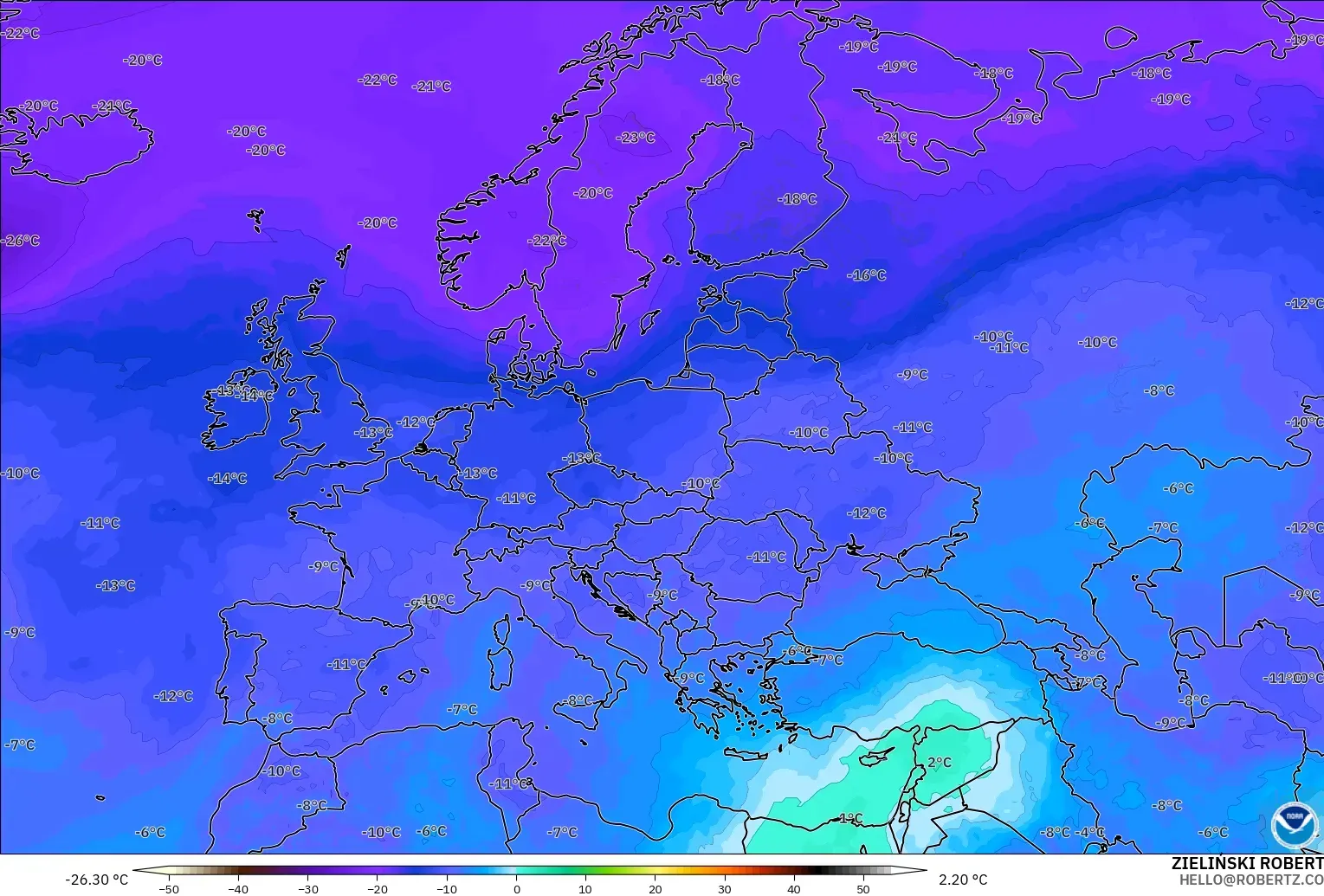 GFS модель - Еуропа, Температура 500 hPa
