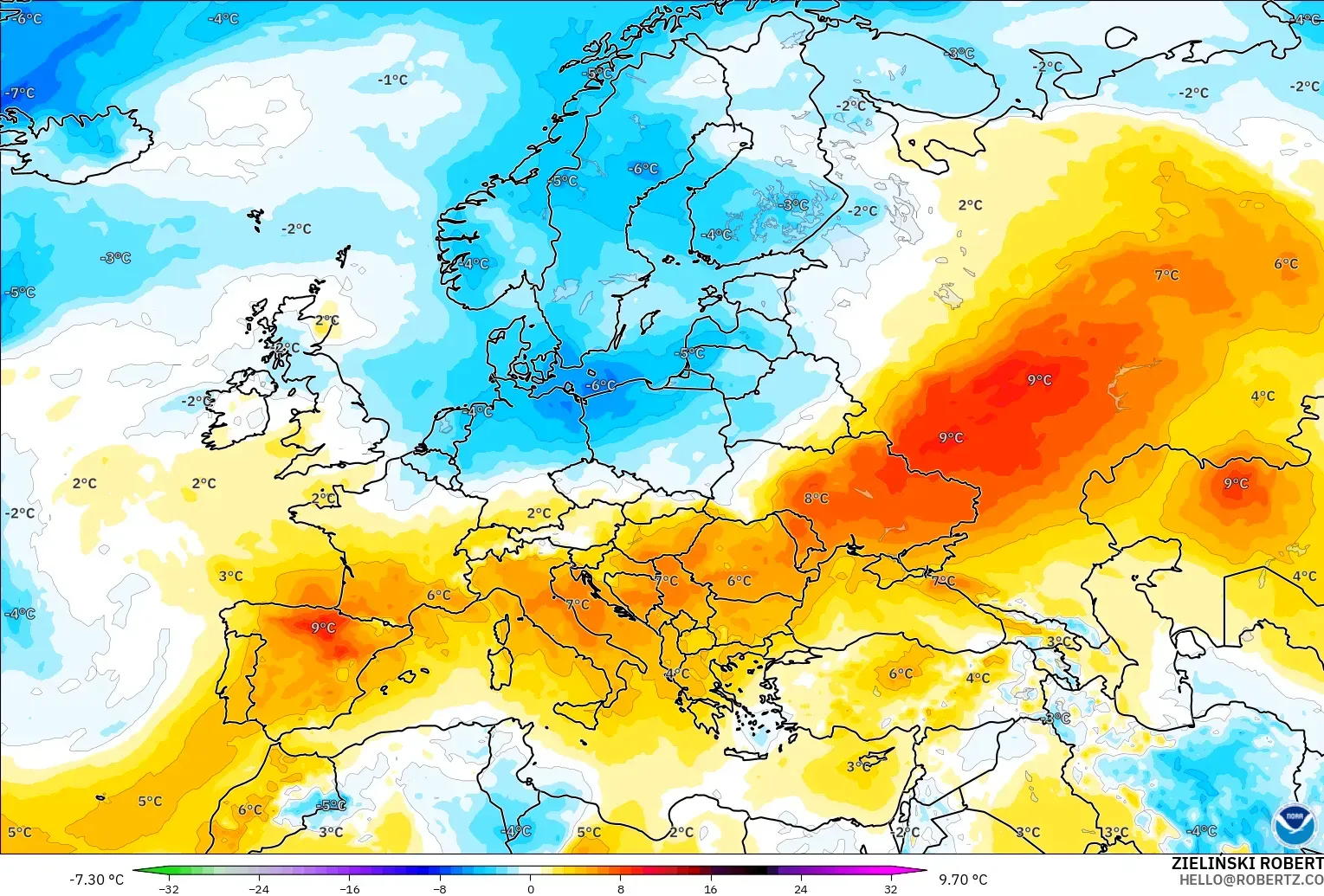 GFS модель - Еуропа, 850 hPa Температура Аномалиясы