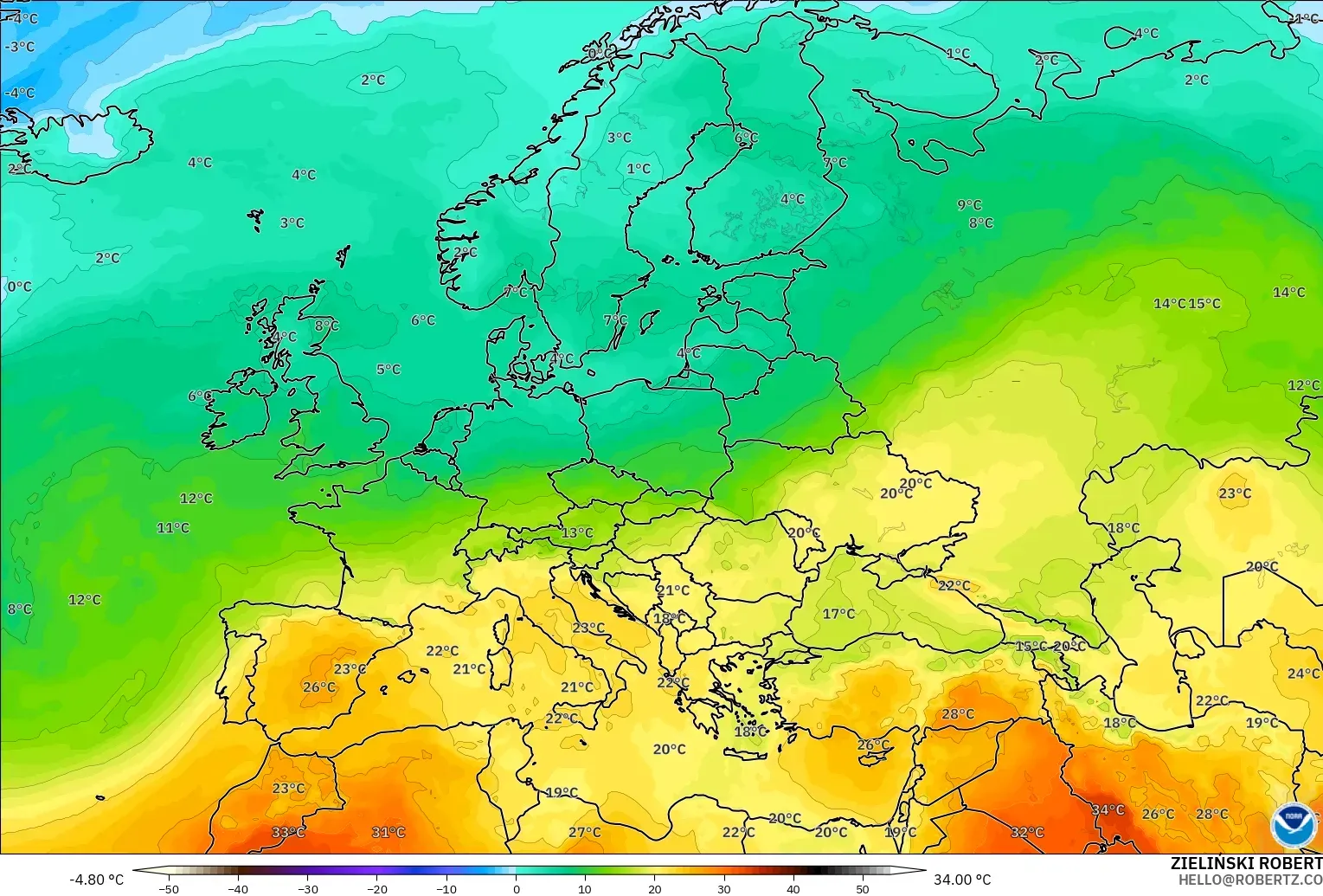 GFS модель - Еуропа, Температура 850 hPa