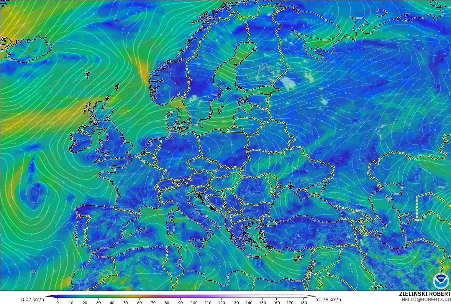 GFS модель - Еуропа, Жел 10 м