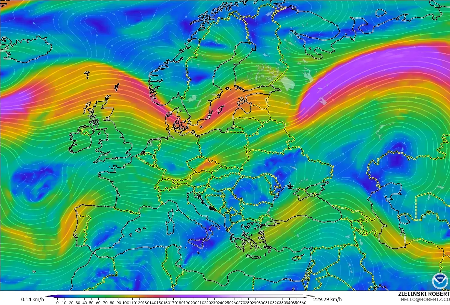 GFS модель - Еуропа, Жел 300 hPa (жайт ағысы)