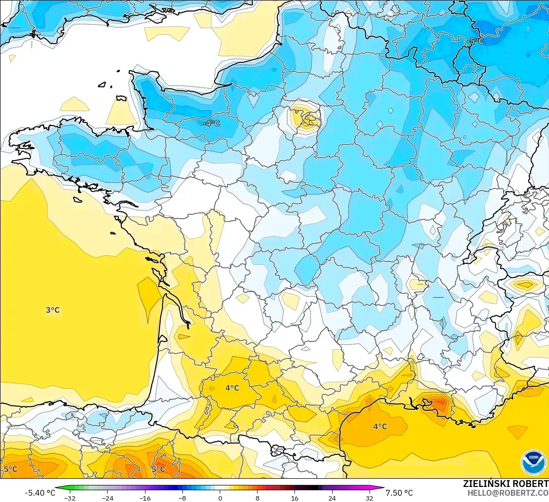 GFS модель - Франция, 2 м Температура Аномалиясы