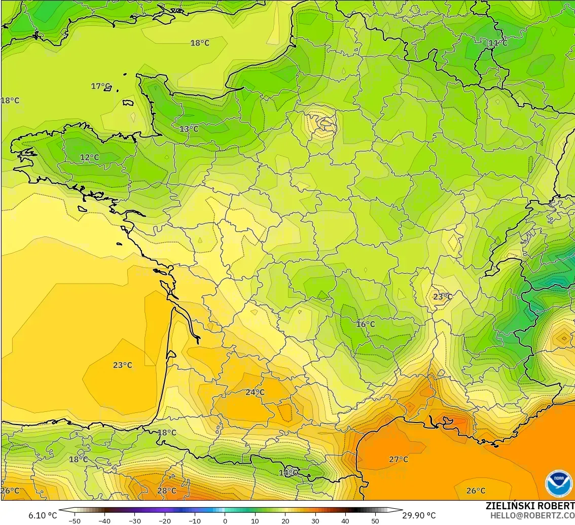 GFS модель - Франция, Температура 2 м