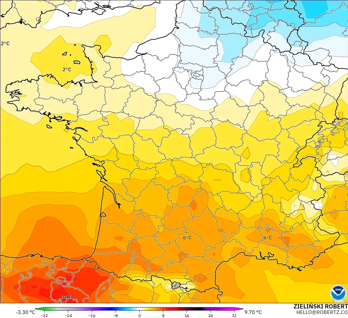 GFS модель - Франция, 850 hPa Температура Аномалиясы