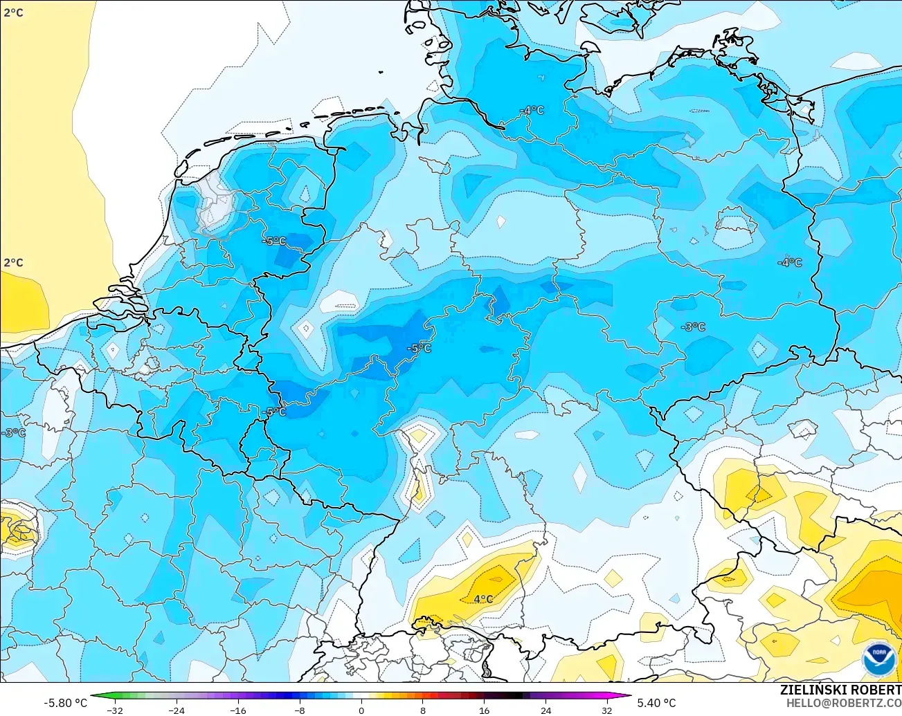 GFS модель - Германия, 2 м Температура Аномалиясы