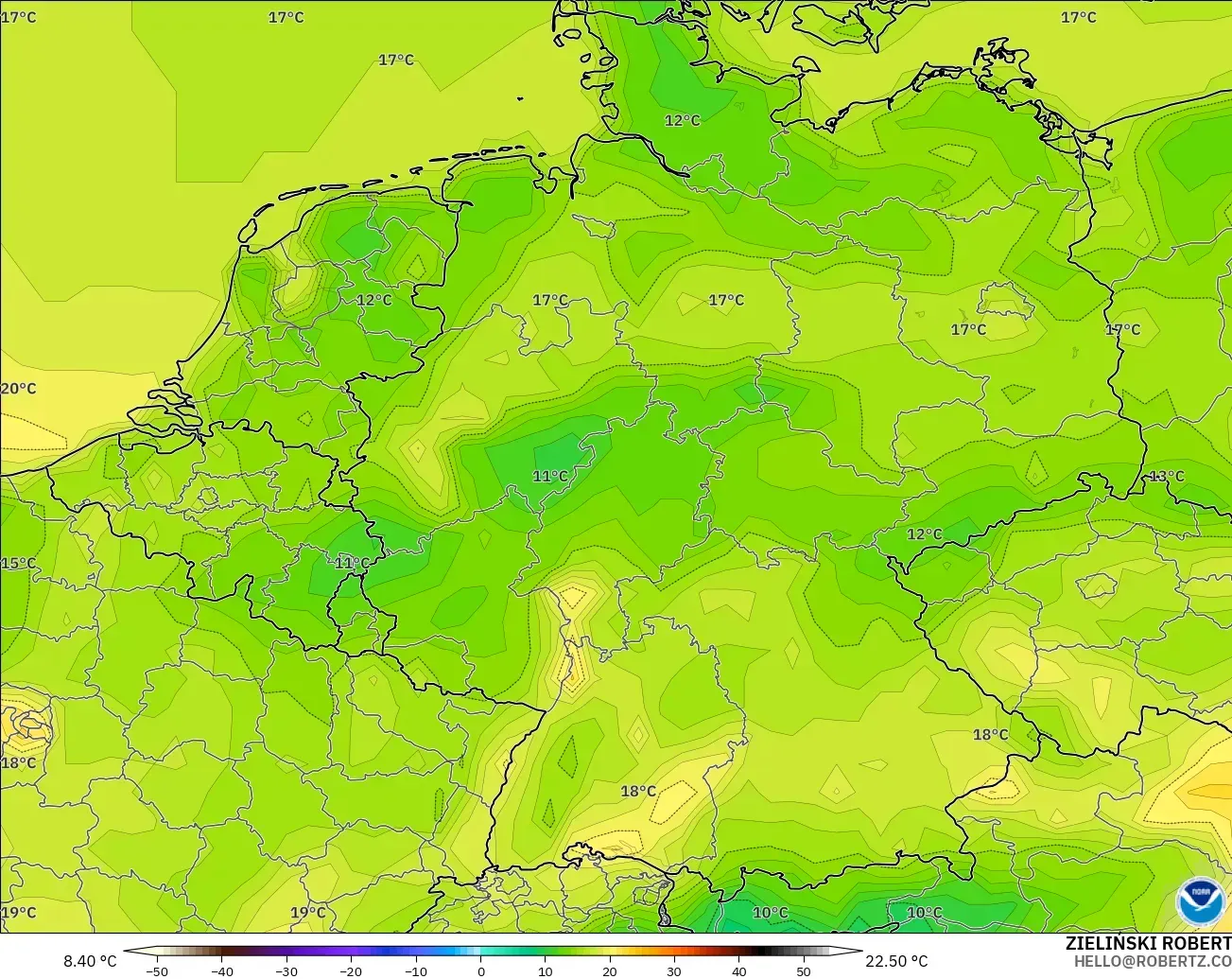 GFS модель - Германия, Температура 2 м