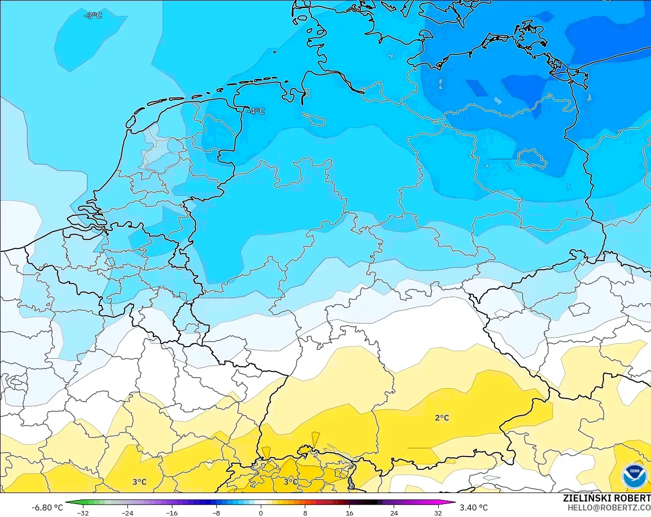 GFS модель - Германия, 850 hPa Температура Аномалиясы