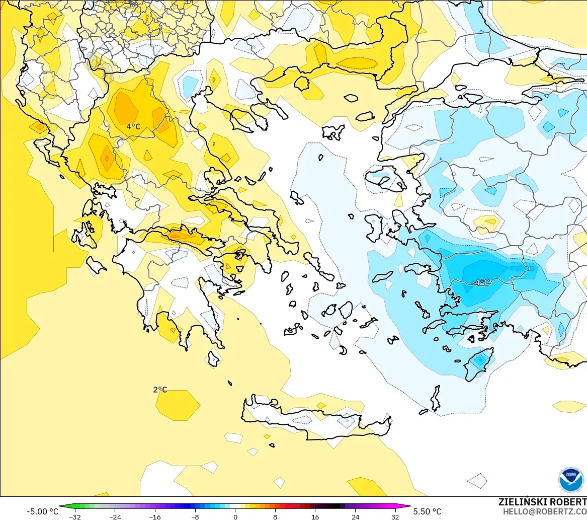 GFS модель - Грекия, 2 м Температура Аномалиясы