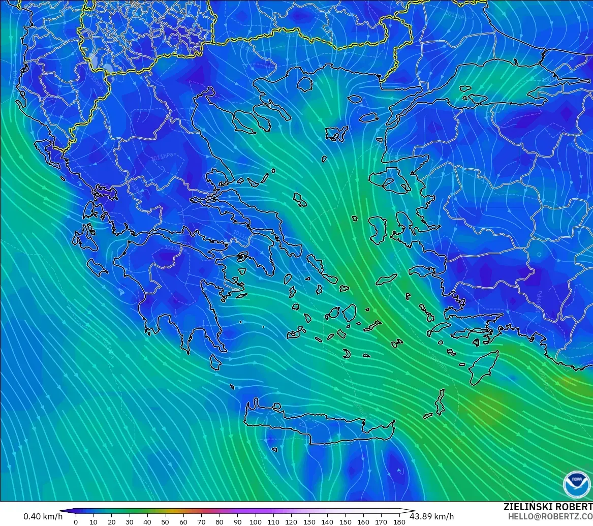 GFS модель - Грекия, Жел 10 м