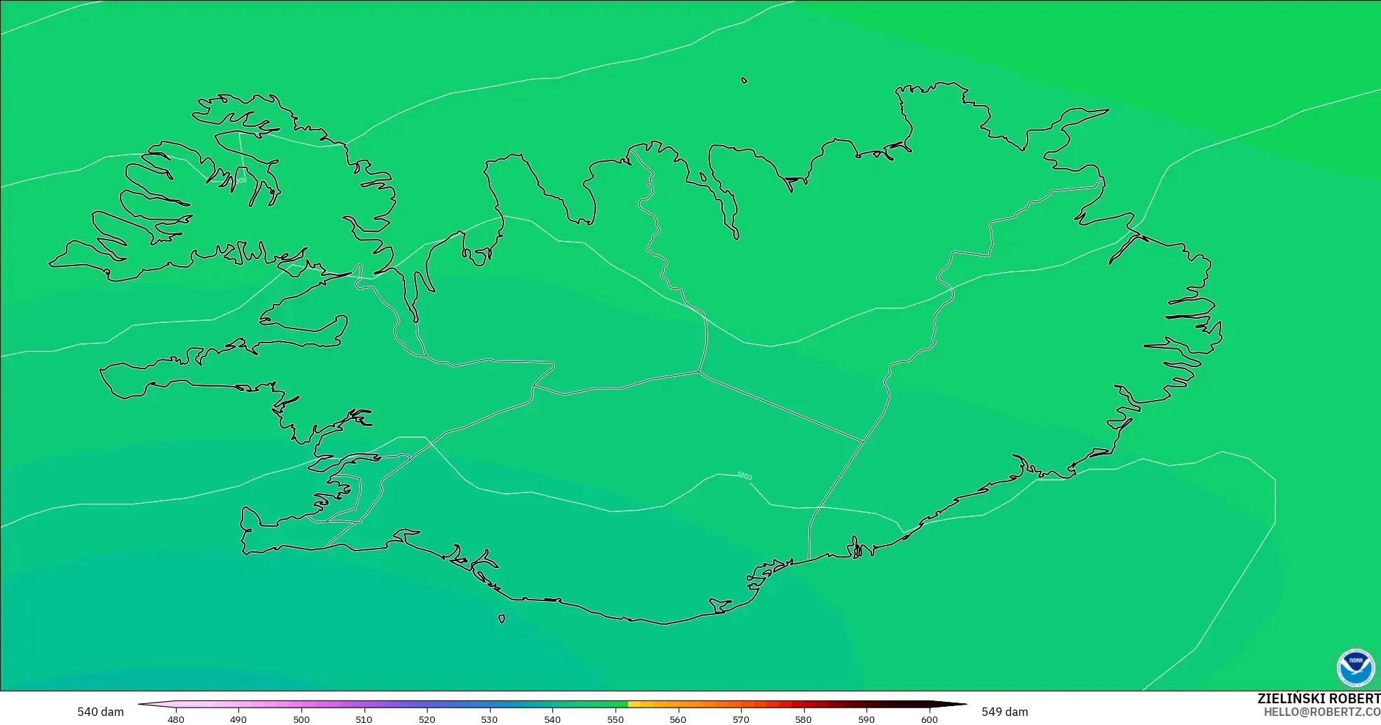 GFS модель - Исландия, 500 гПа деңгейіндегі геопотенциал биіктігі