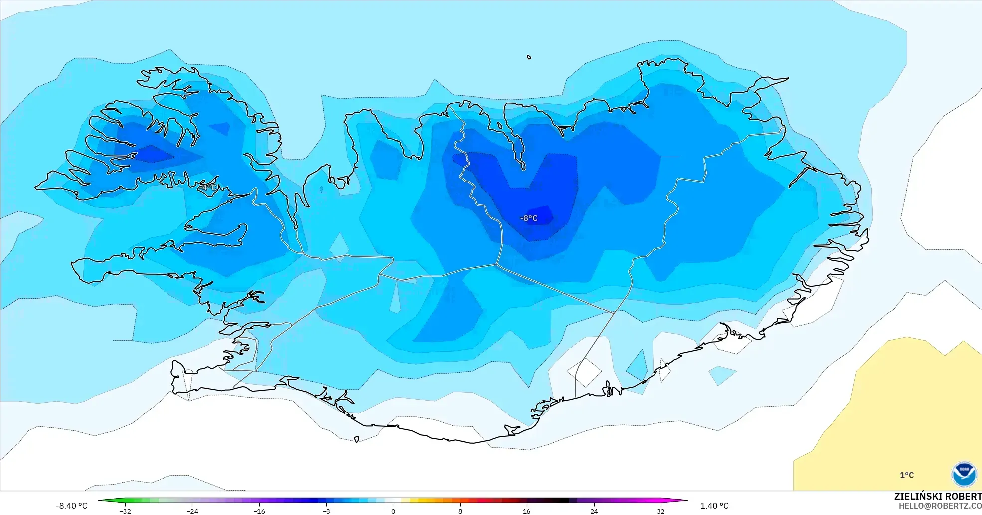 GFS модель - Исландия, 2 м Температура Аномалиясы