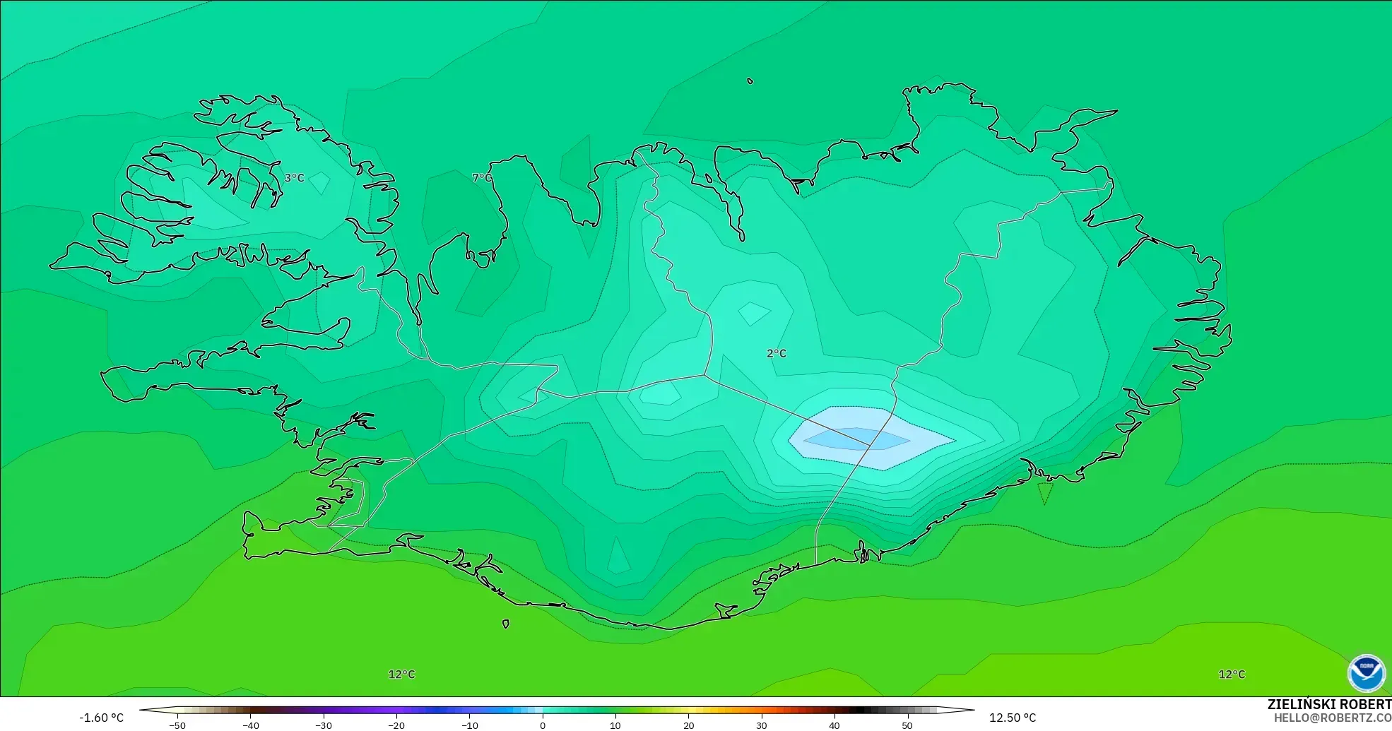GFS модель - Исландия, Температура 2 м