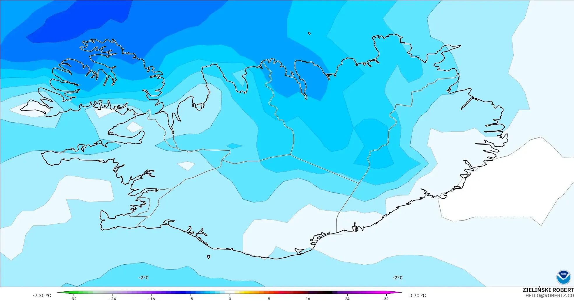 GFS модель - Исландия, 850 hPa Температура Аномалиясы