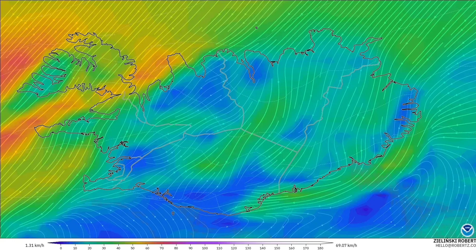 GFS модель - Исландия, Жел 10 м