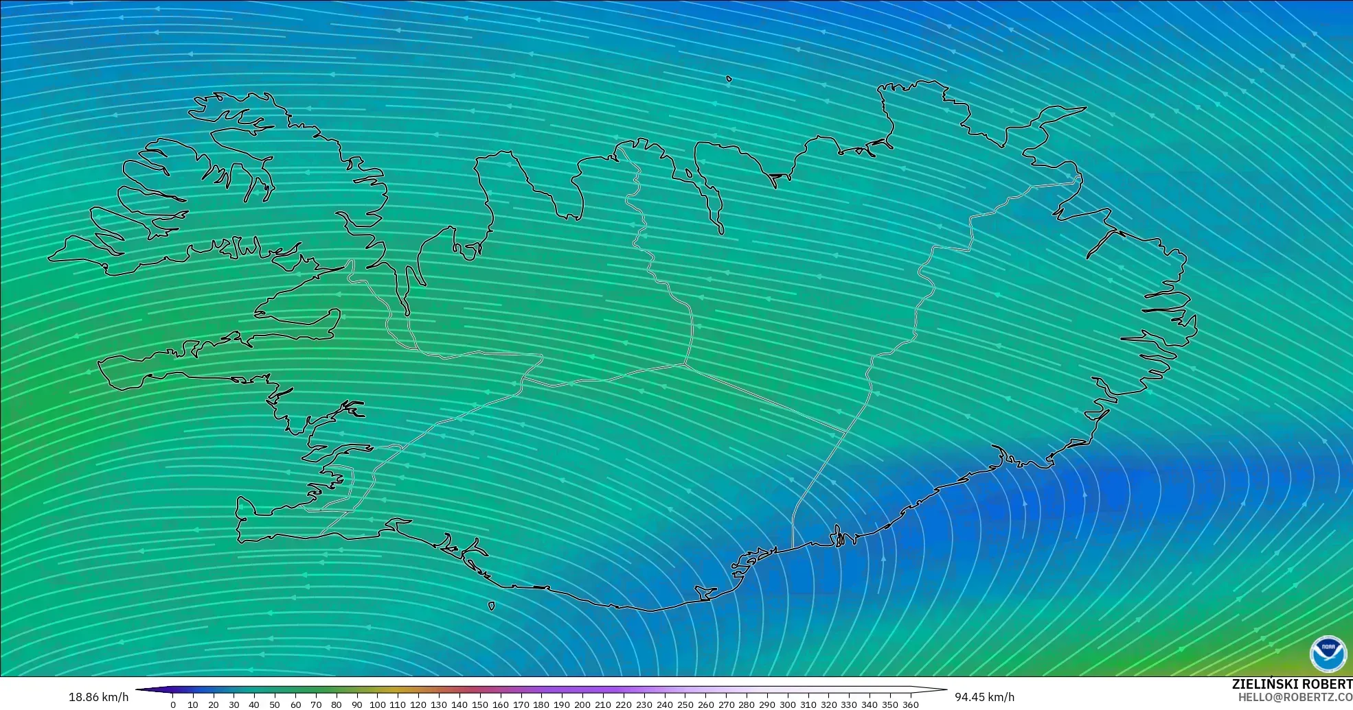 GFS модель - Исландия, Жел 300 hPa (жайт ағысы)
