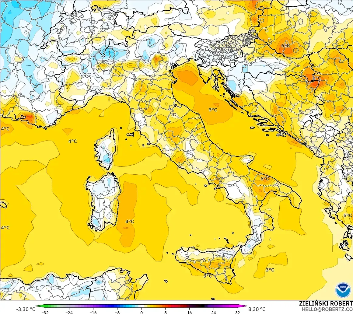 GFS модель - Италия, 2 м Температура Аномалиясы