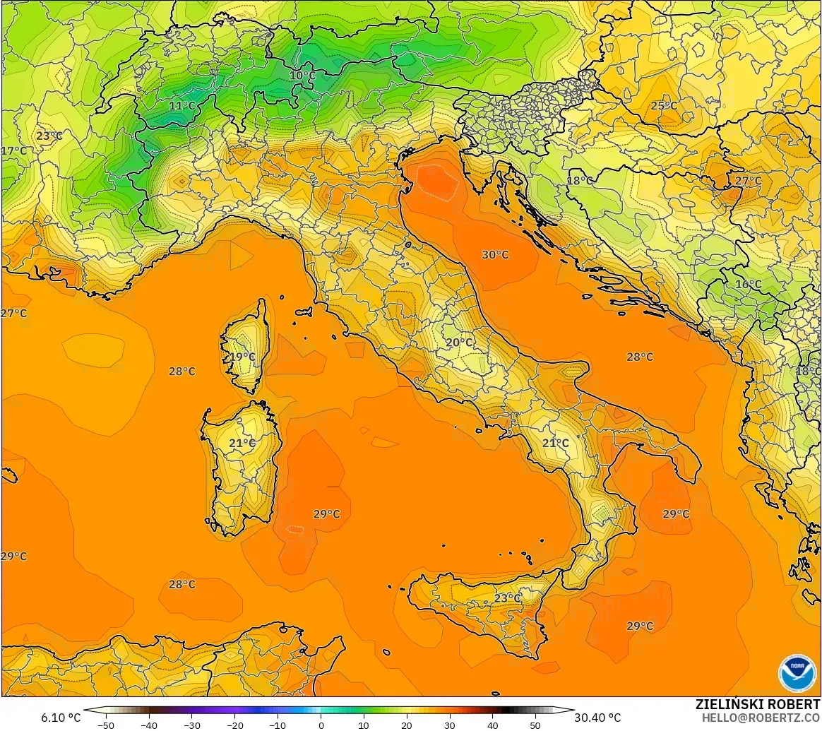 GFS модель - Италия, Температура 2 м