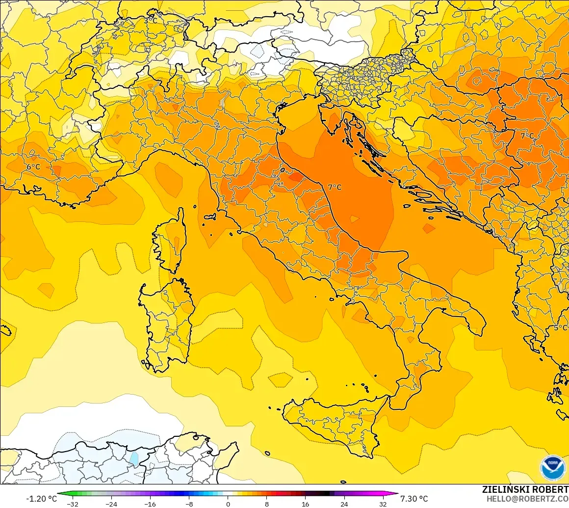 GFS модель - Италия, 850 hPa Температура Аномалиясы