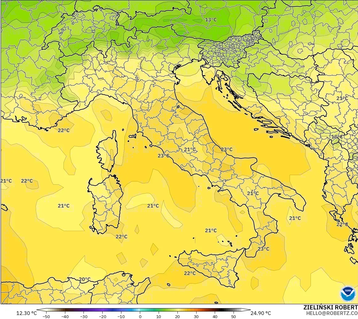 GFS модель - Италия, Температура 850 hPa