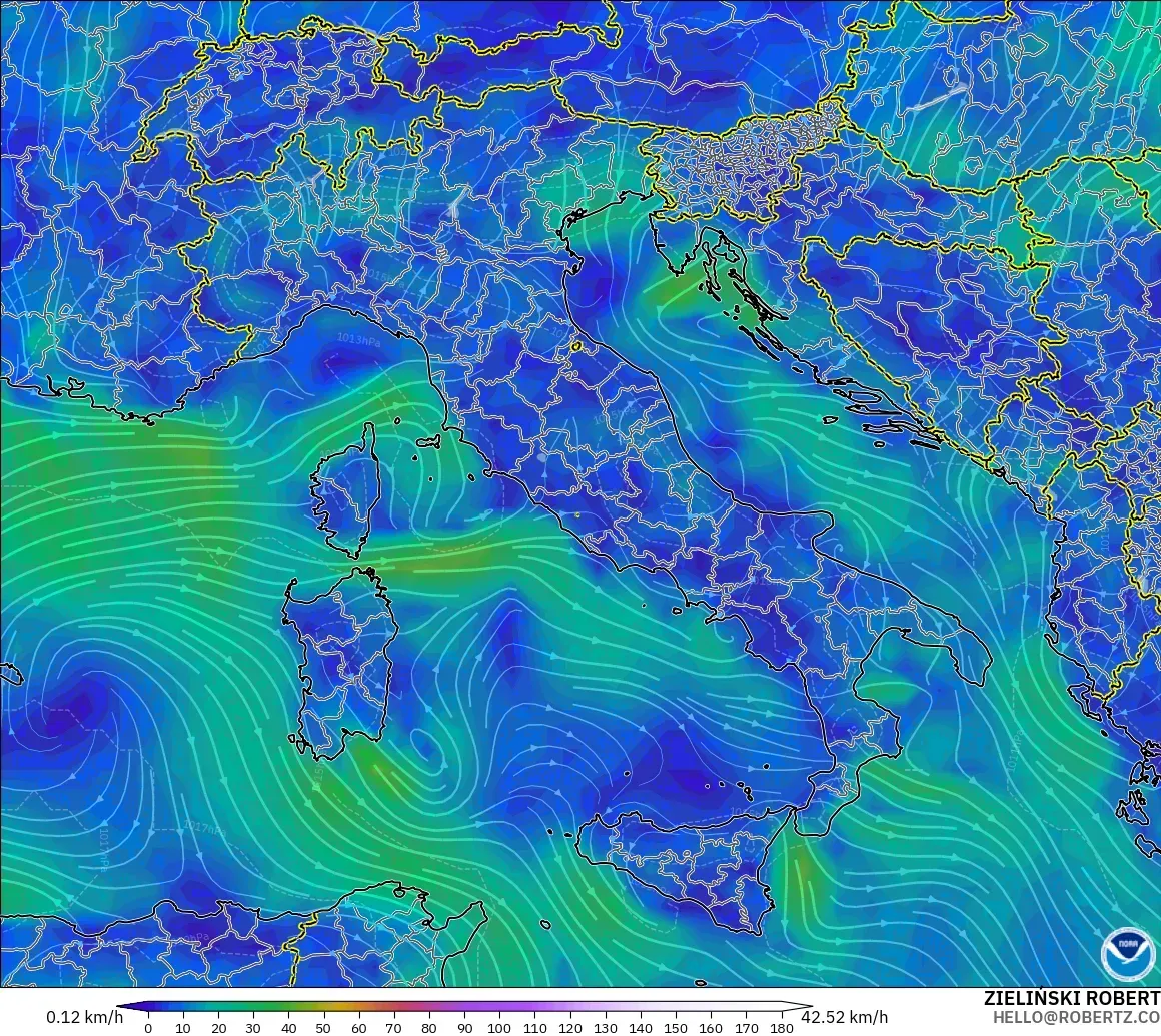 GFS модель - Италия, Жел 10 м