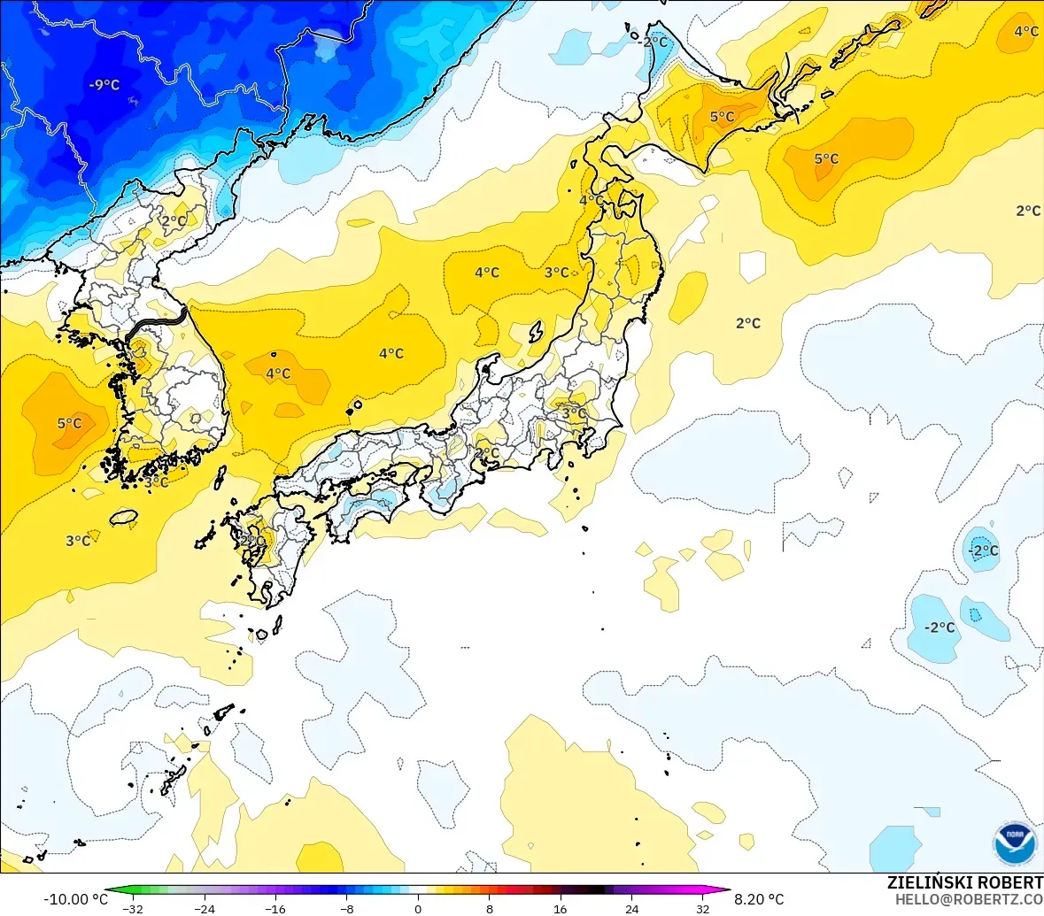 GFS модель - Жапония, 2 м Температура Аномалиясы
