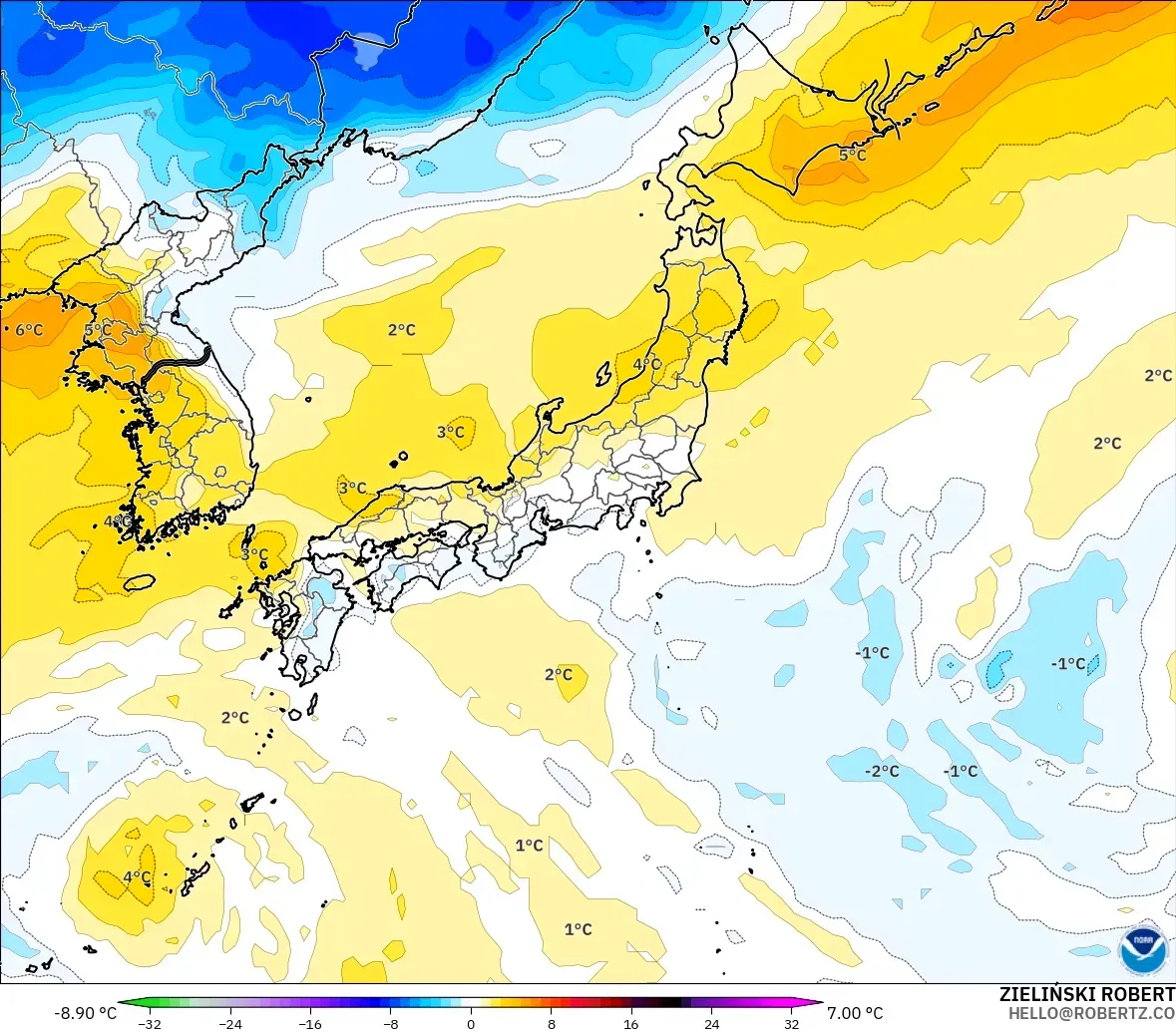 GFS модель - Жапония, 850 hPa Температура Аномалиясы