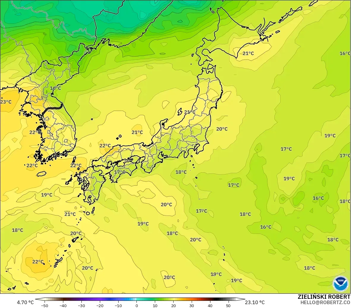 GFS модель - Жапония, Температура 850 hPa