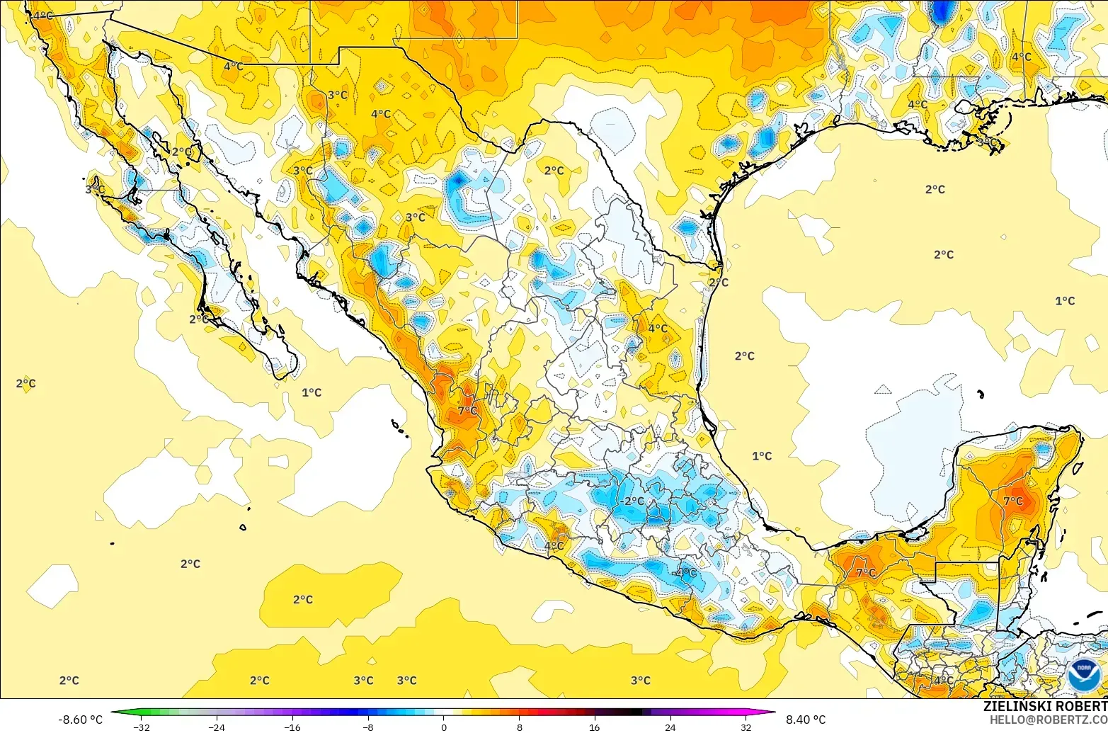 GFS модель - Мексика, 2 м Температура Аномалиясы