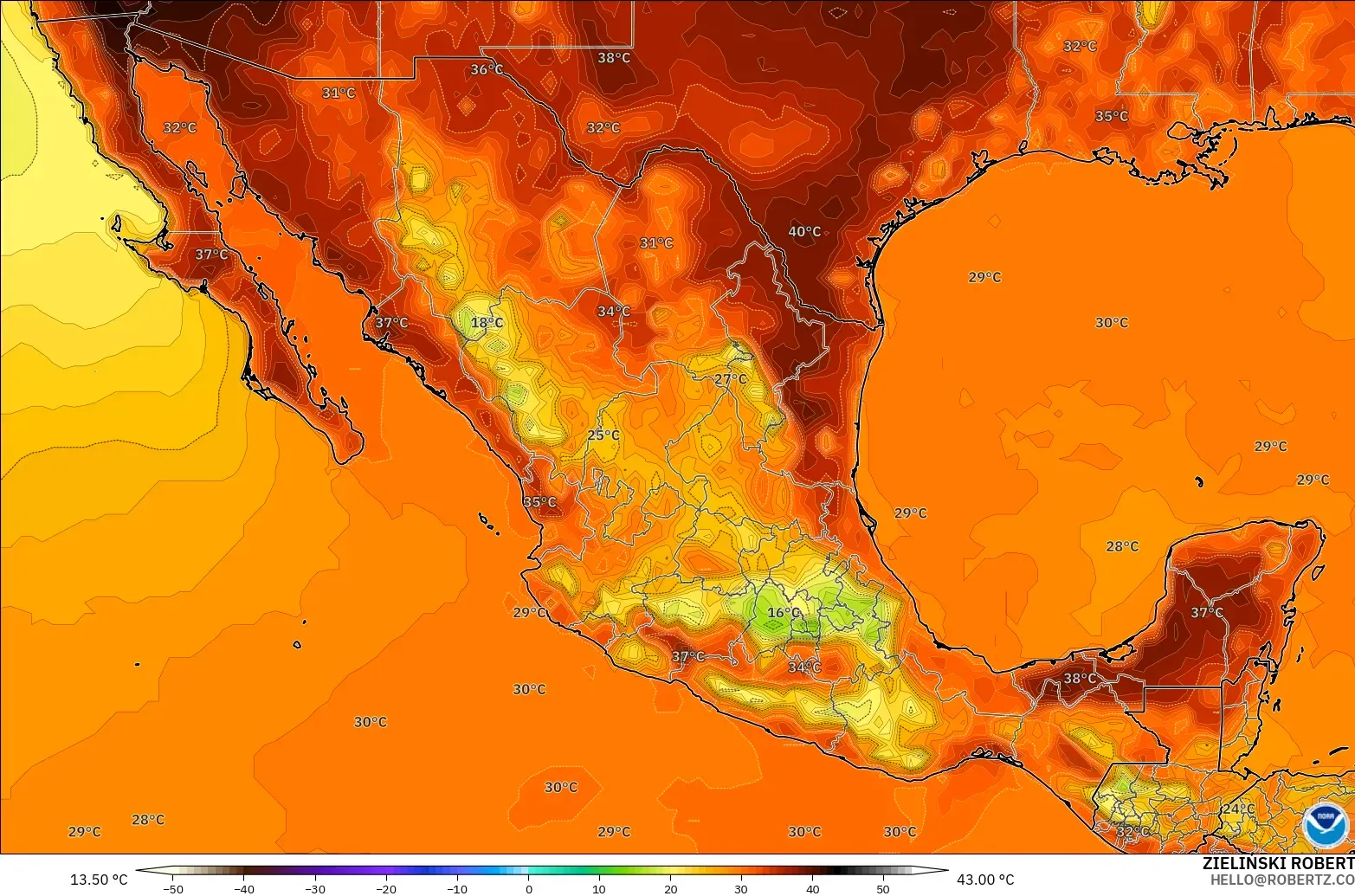 GFS модель - Мексика, Температура 2 м