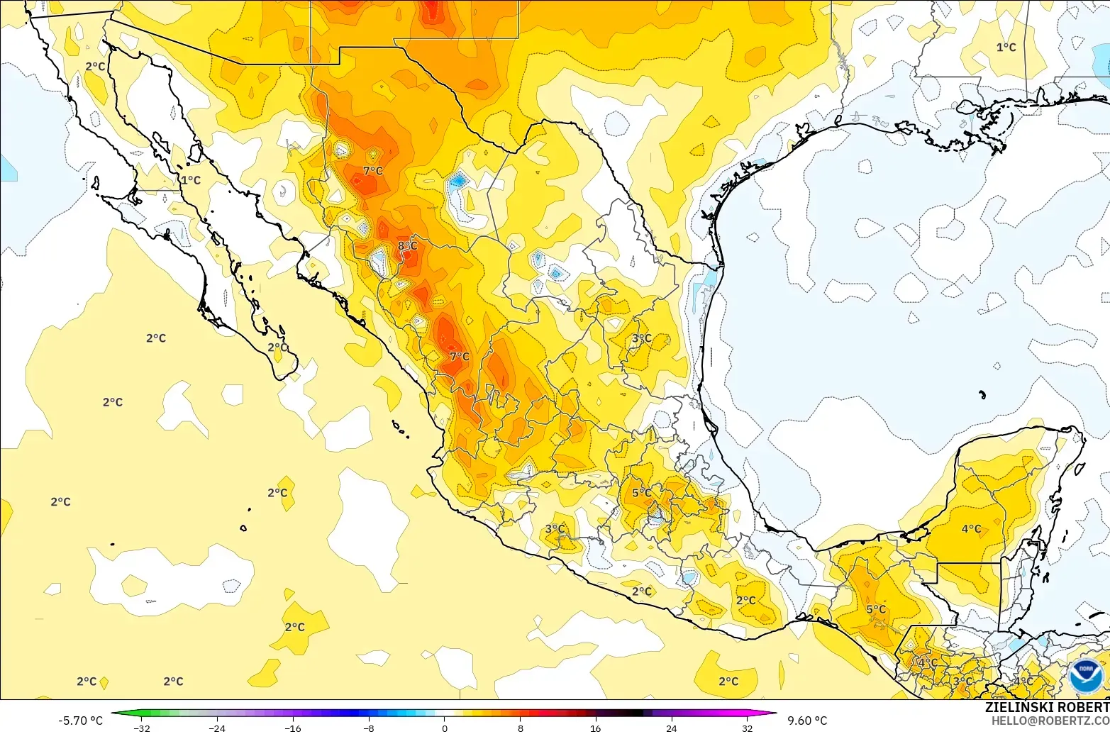 GFS модель - Мексика, 850 hPa Температура Аномалиясы