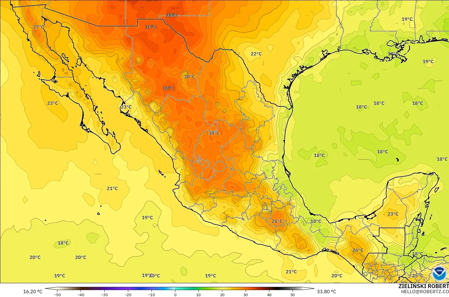 GFS модель - Мексика, Температура 850 hPa