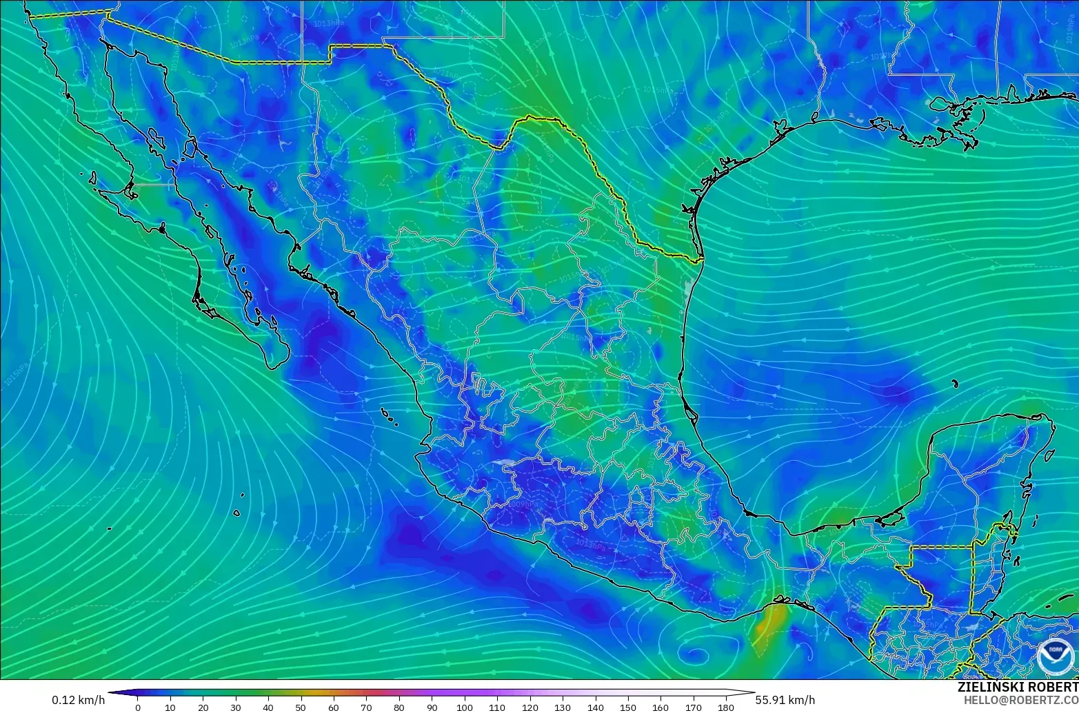 GFS модель - Мексика, Жел 10 м
