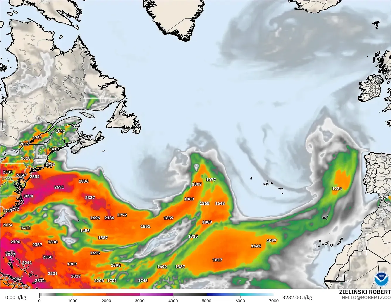 GFS модель - Солтүстік Атлантика, CAPE