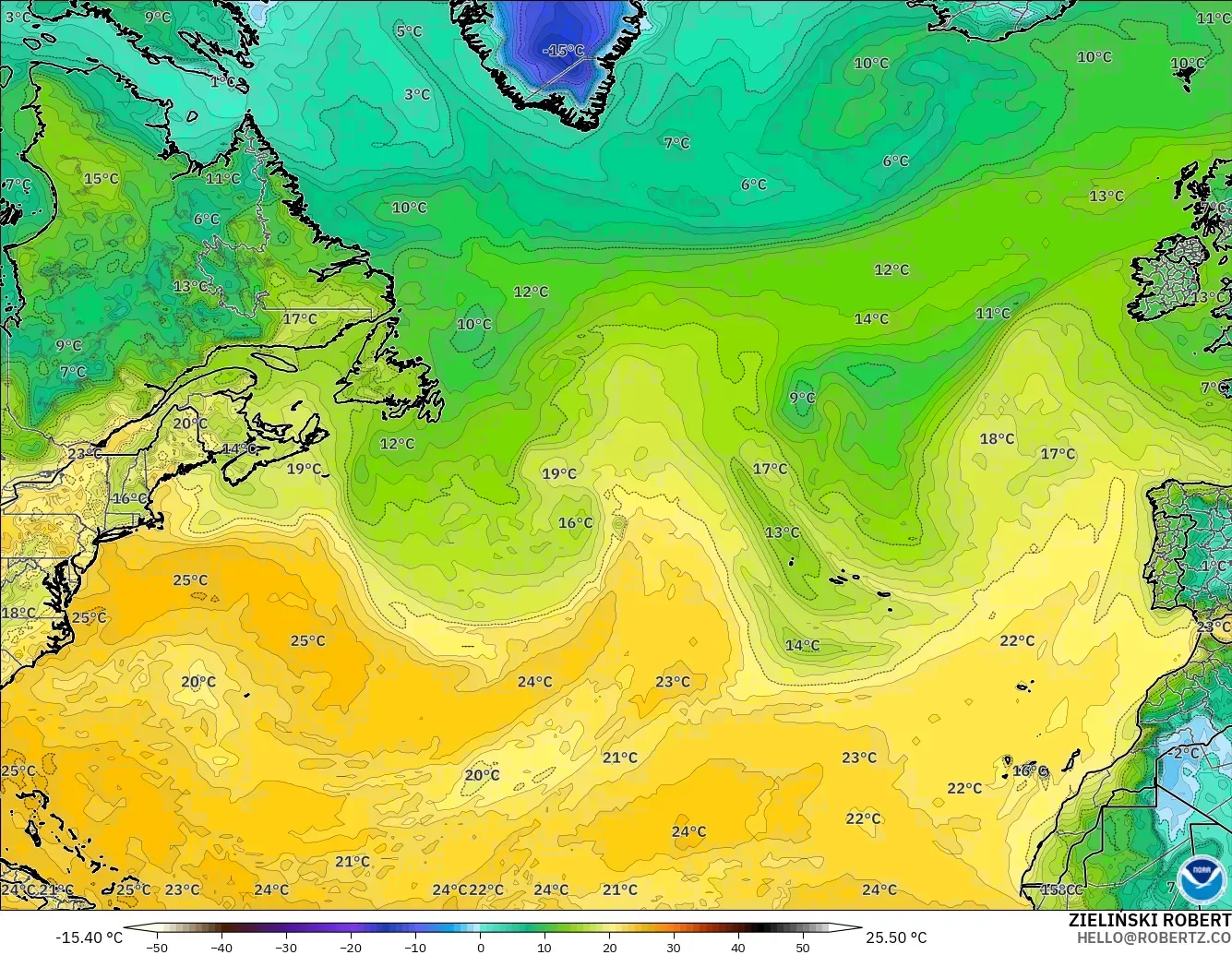 GFS модель - Солтүстік Атлантика, Шық Нүктесі 2 м