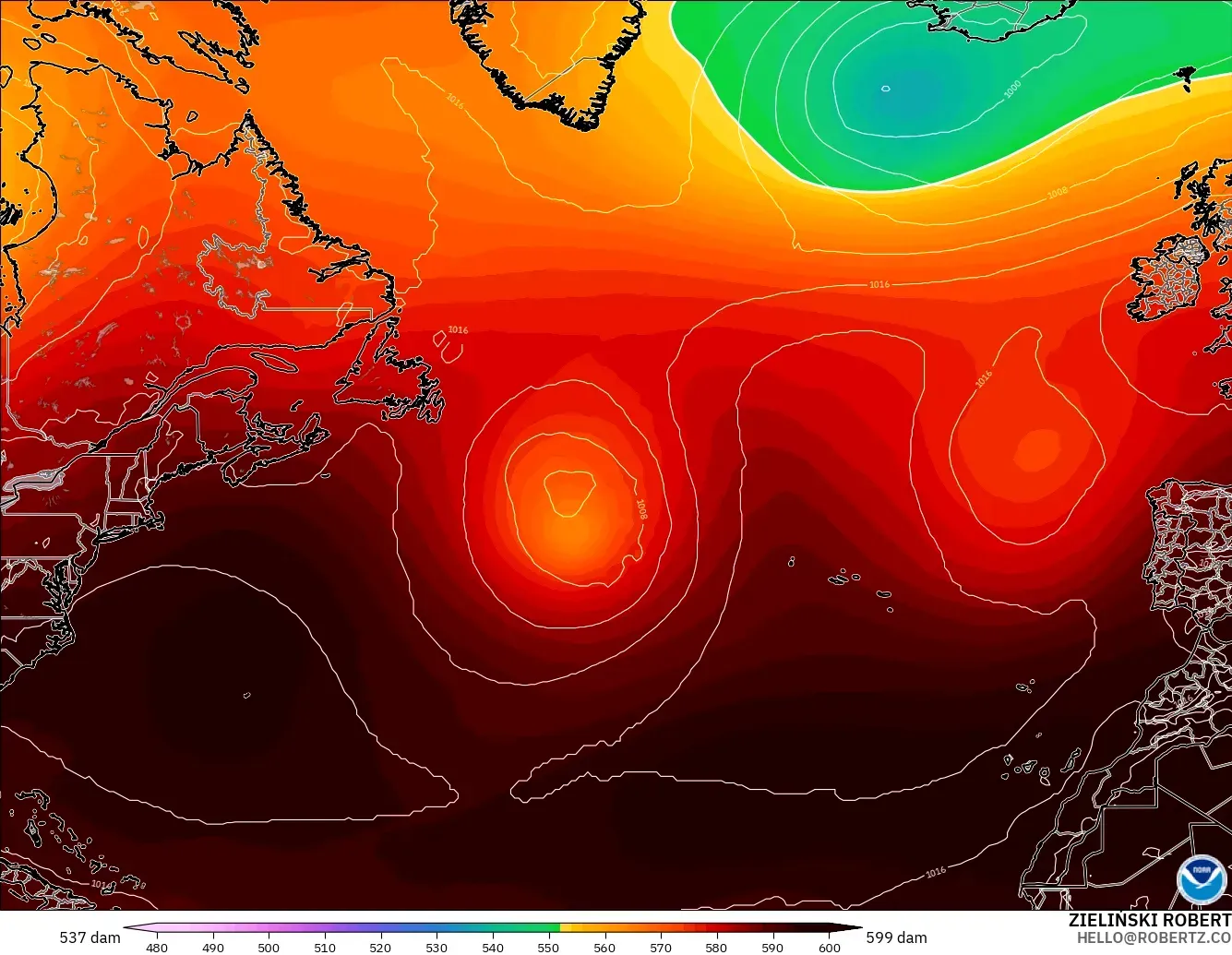 GFS модель - Солтүстік Атлантика, 500 гПа деңгейіндегі геопотенциал биіктігі
