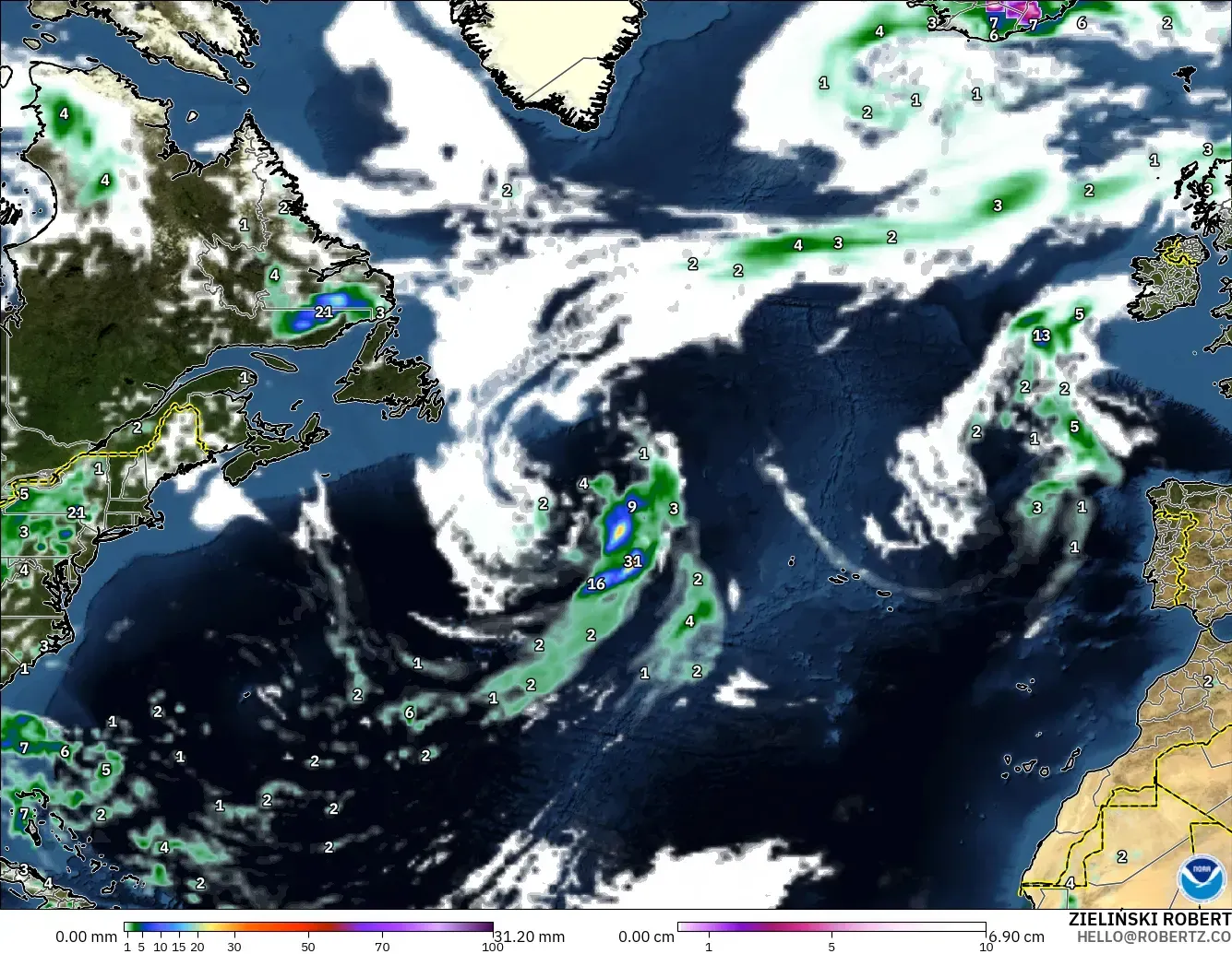 GFS модель - Солтүстік Атлантика, Жауын-шашын, Бұлт және Қысым