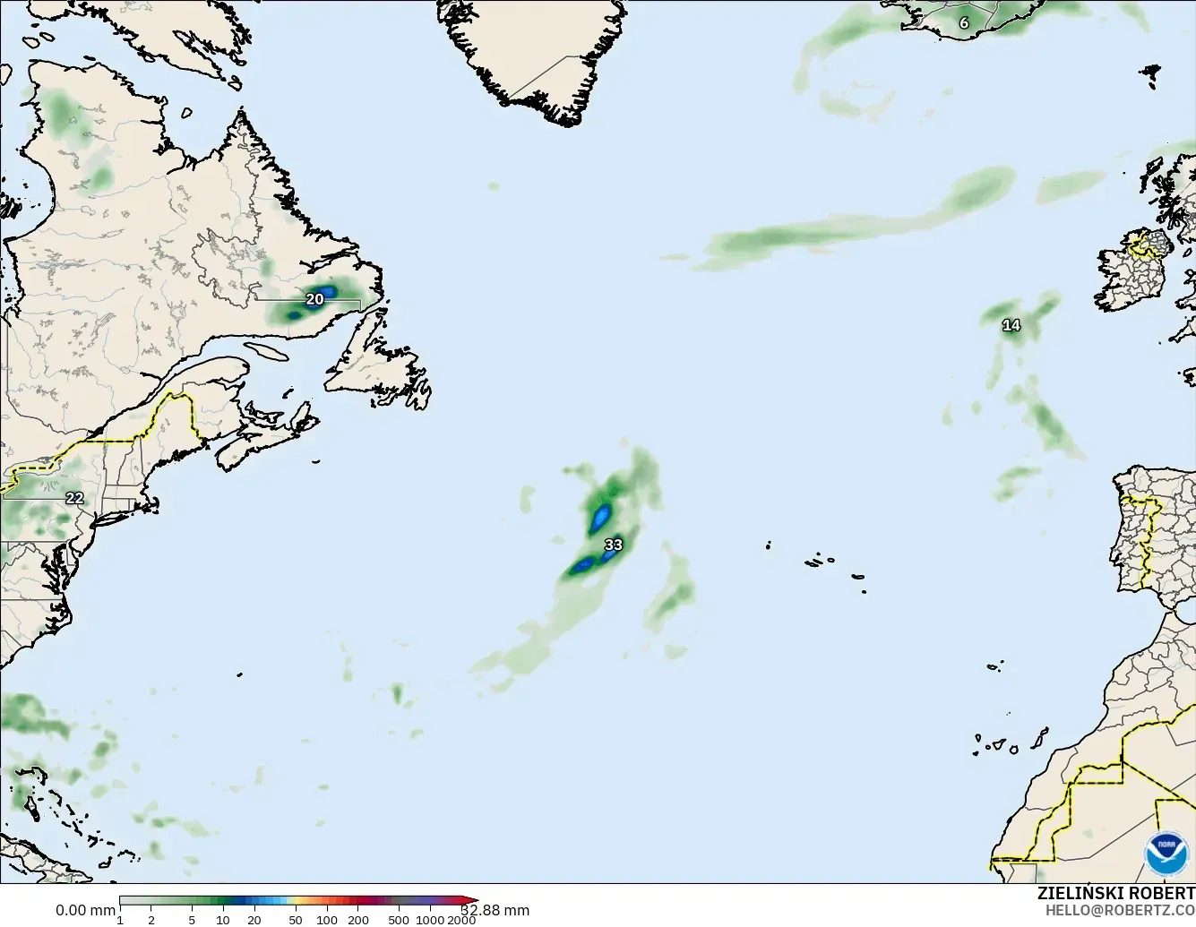 GFS модель - Солтүстік Атлантика, Жауын-шашын Жинақталуы
