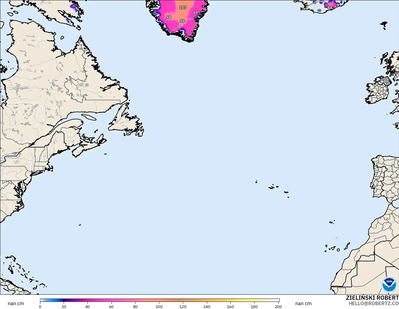 GFS модель - Солтүстік Атлантика, Қар Қалыңдығы