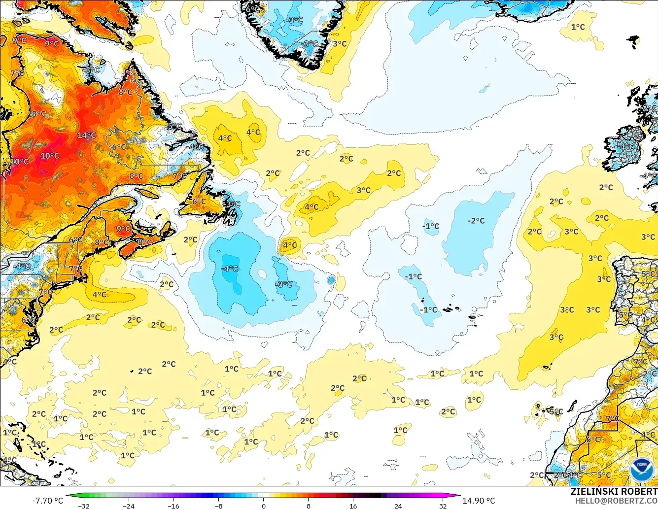 GFS модель - Солтүстік Атлантика, 2 м Температура Аномалиясы