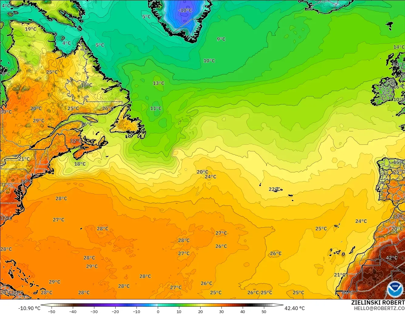 GFS модель - Солтүстік Атлантика, Температура 2 м