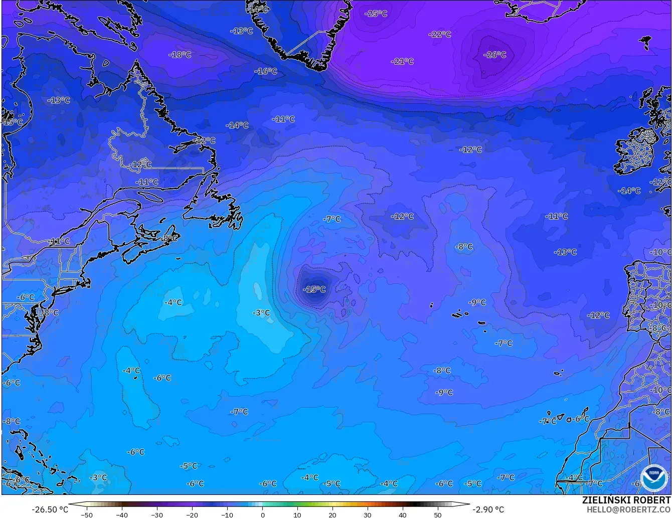 GFS модель - Солтүстік Атлантика, Температура 500 hPa