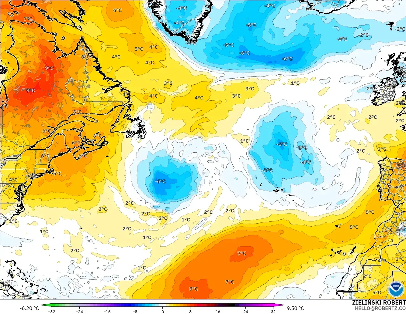 GFS модель - Солтүстік Атлантика, 850 hPa Температура Аномалиясы
