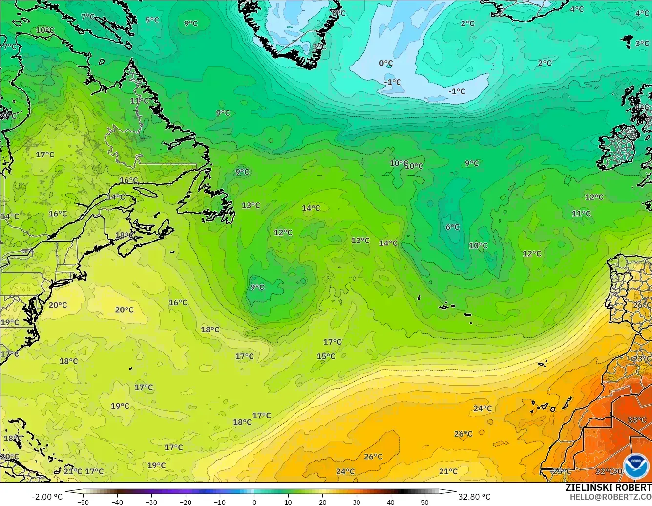 GFS модель - Солтүстік Атлантика, Температура 850 hPa