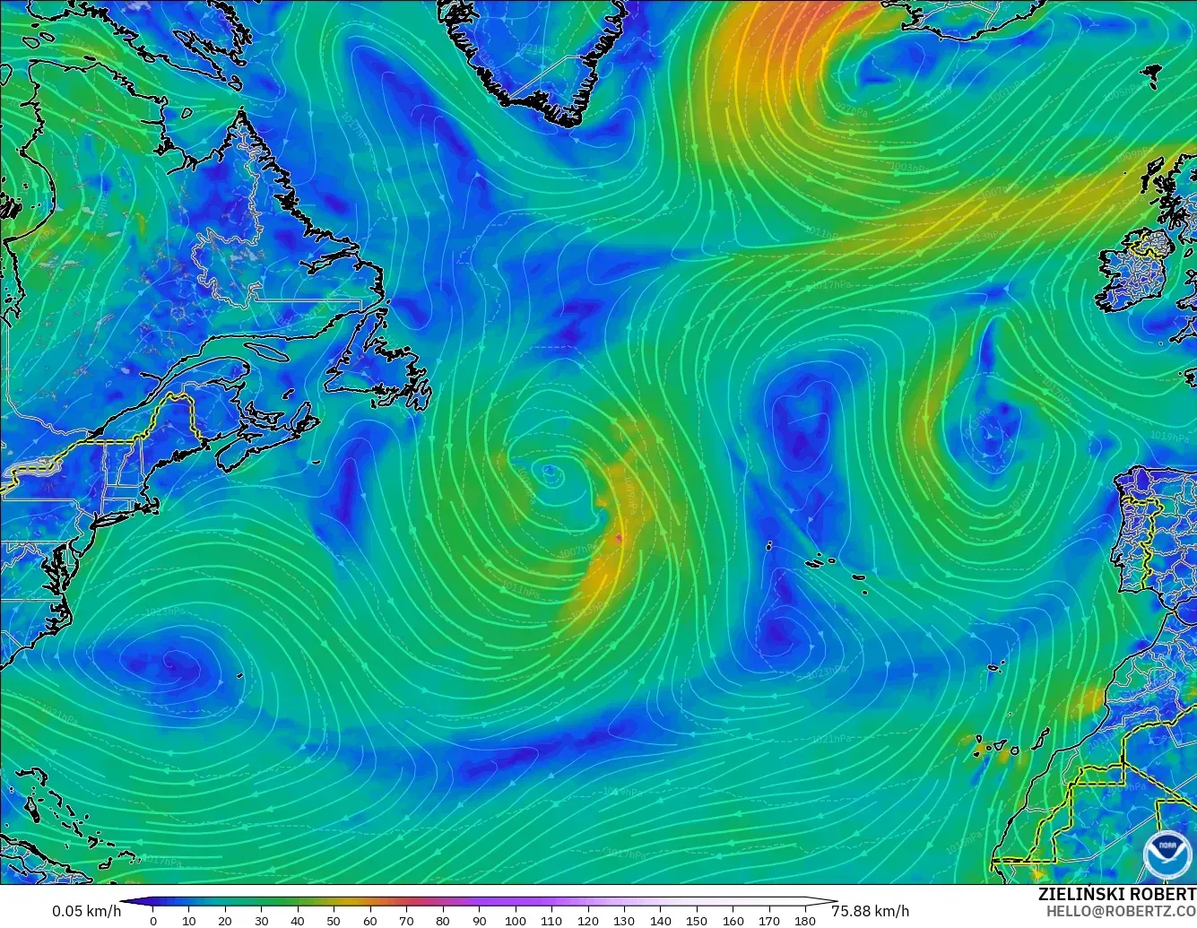 GFS модель - Солтүстік Атлантика, Жел 10 м