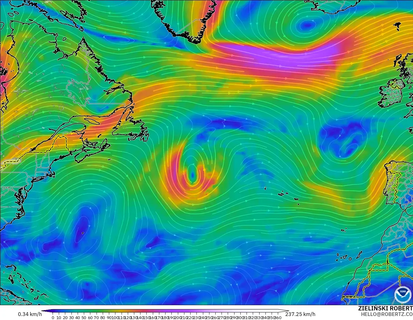 GFS модель - Солтүстік Атлантика, Жел 300 hPa (жайт ағысы)