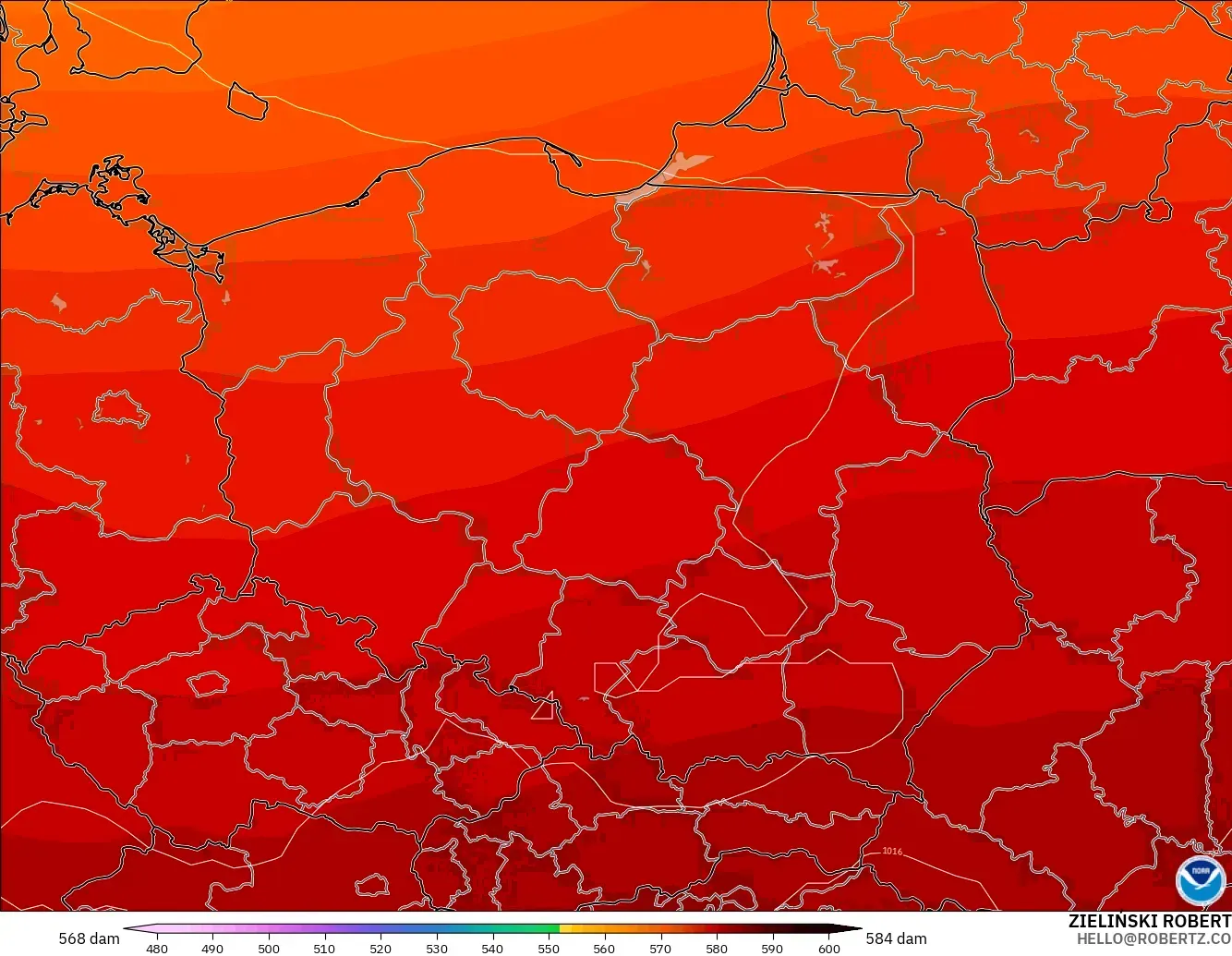 GFS модель - Польша, 500 гПа деңгейіндегі геопотенциал биіктігі