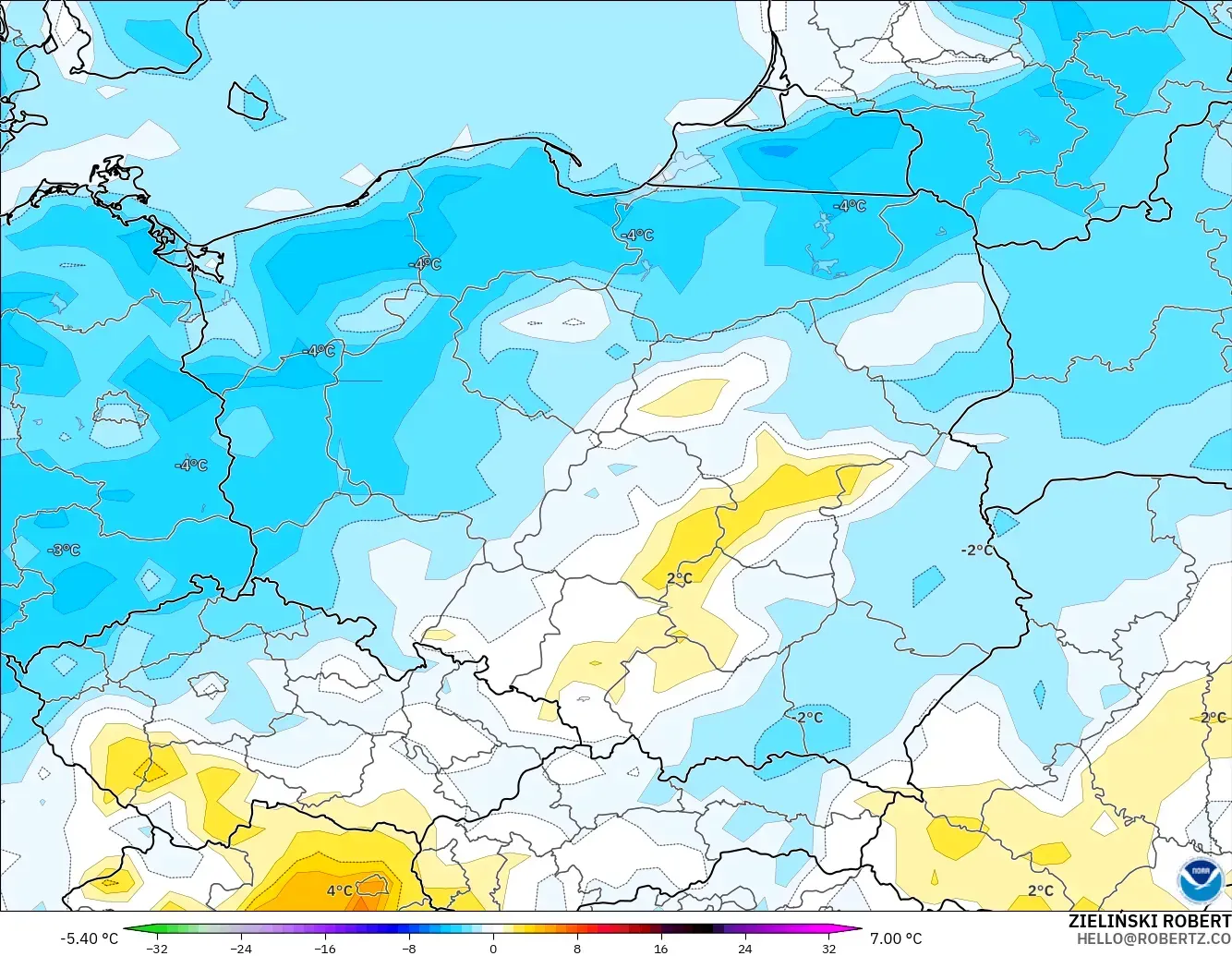 GFS модель - Польша, 2 м Температура Аномалиясы