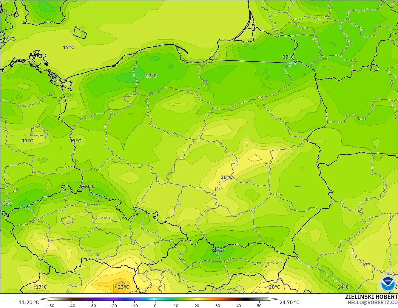GFS модель - Польша, Температура 2 м