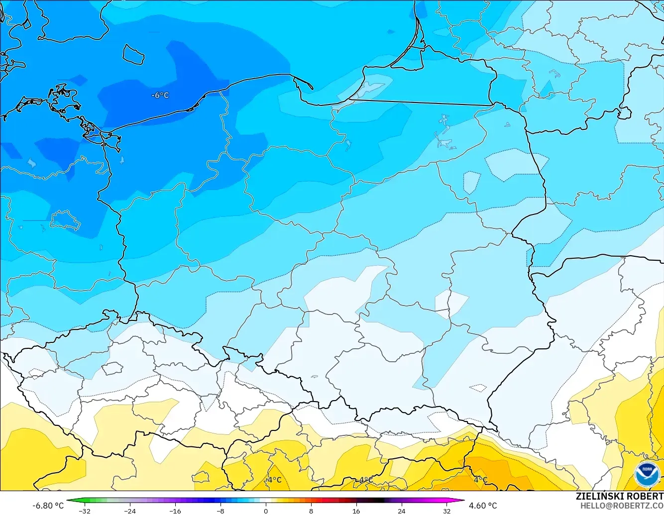 GFS модель - Польша, 850 hPa Температура Аномалиясы